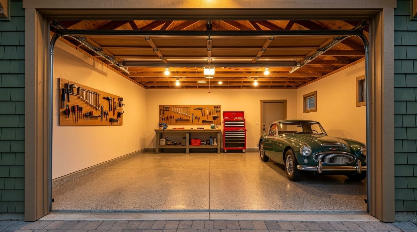 Power Garage Door Services Interior View of Custom Garage Door Overhead and Workshop